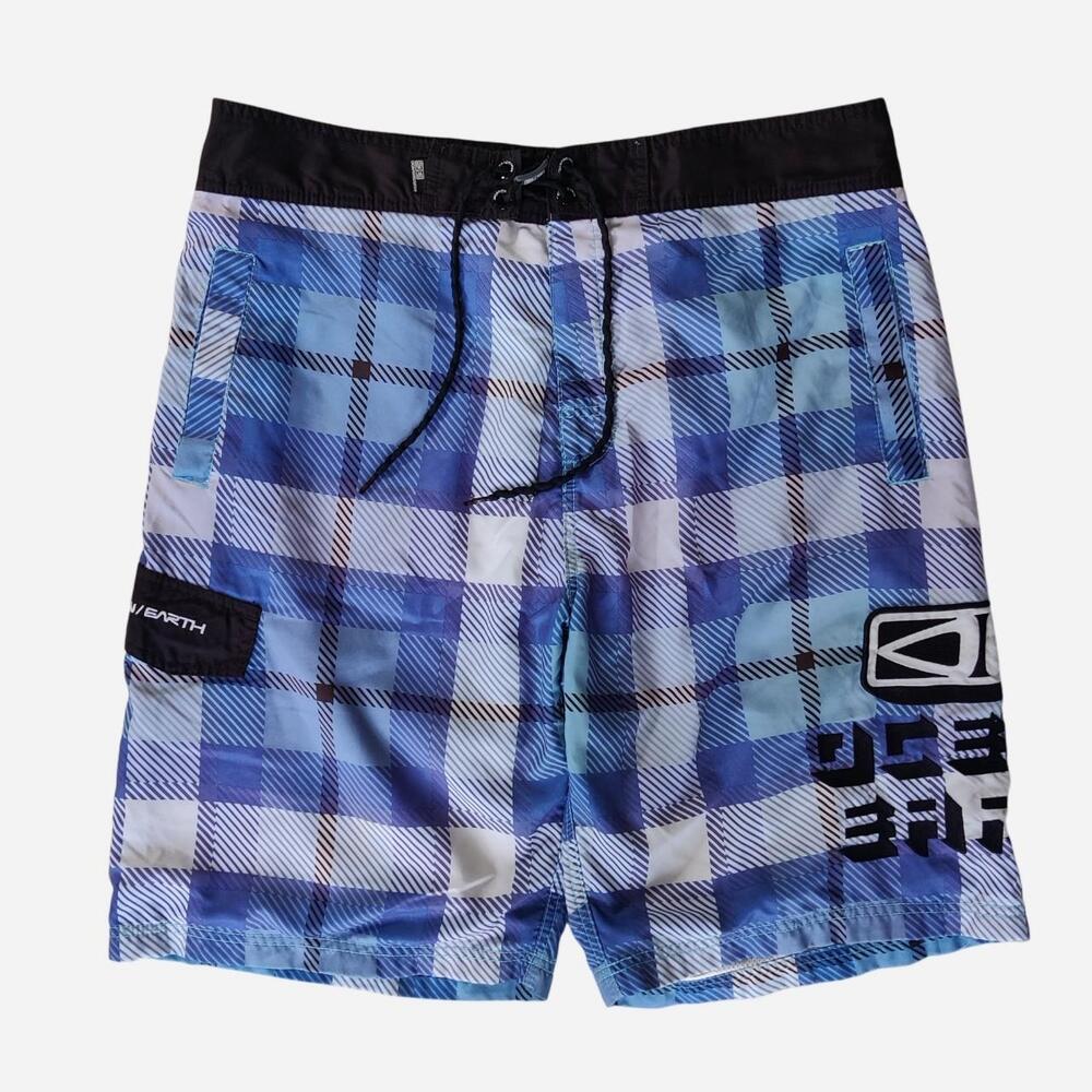 Y2K Ocean Earth blue, white, and gray plaid baggy board shorts with black embroi